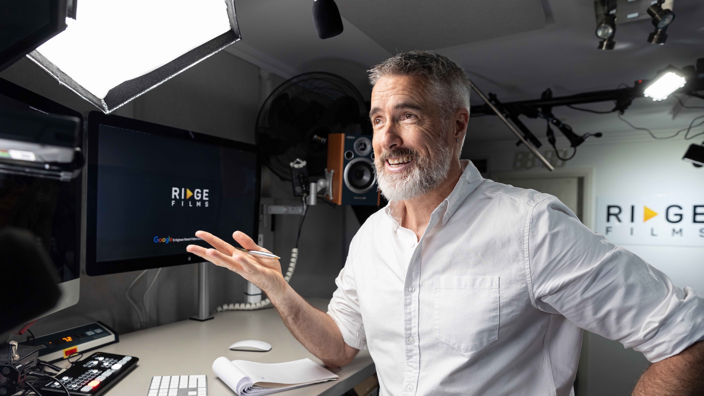 Chris Schwager presenting in the Ridge Films desktop studio