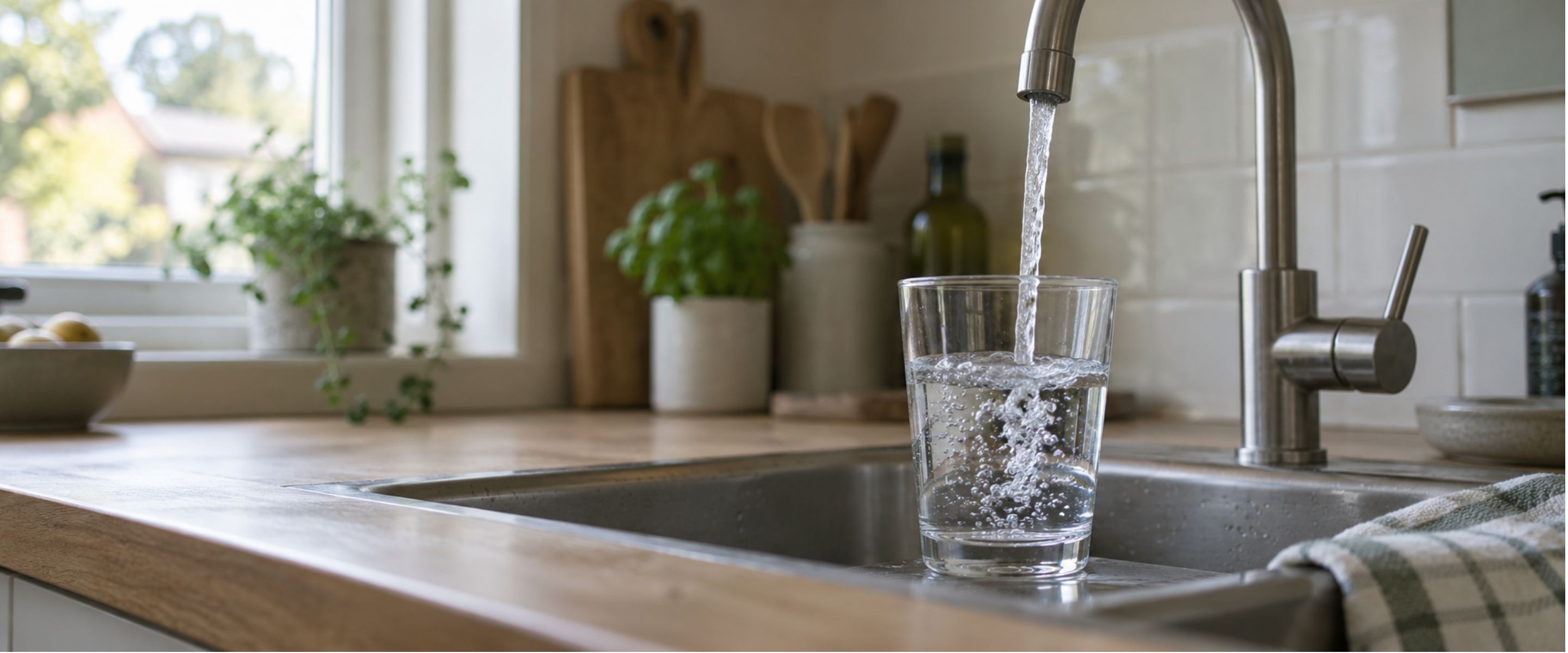 A glass being filled from a kitchen tap in daylight, herbs and a window behind.
