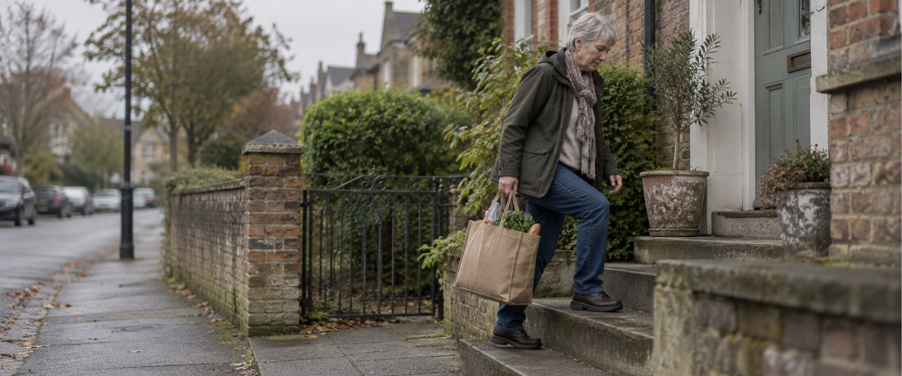 A person carrying a heavy bag of shopping up outdoor steps to a front door in daylight.