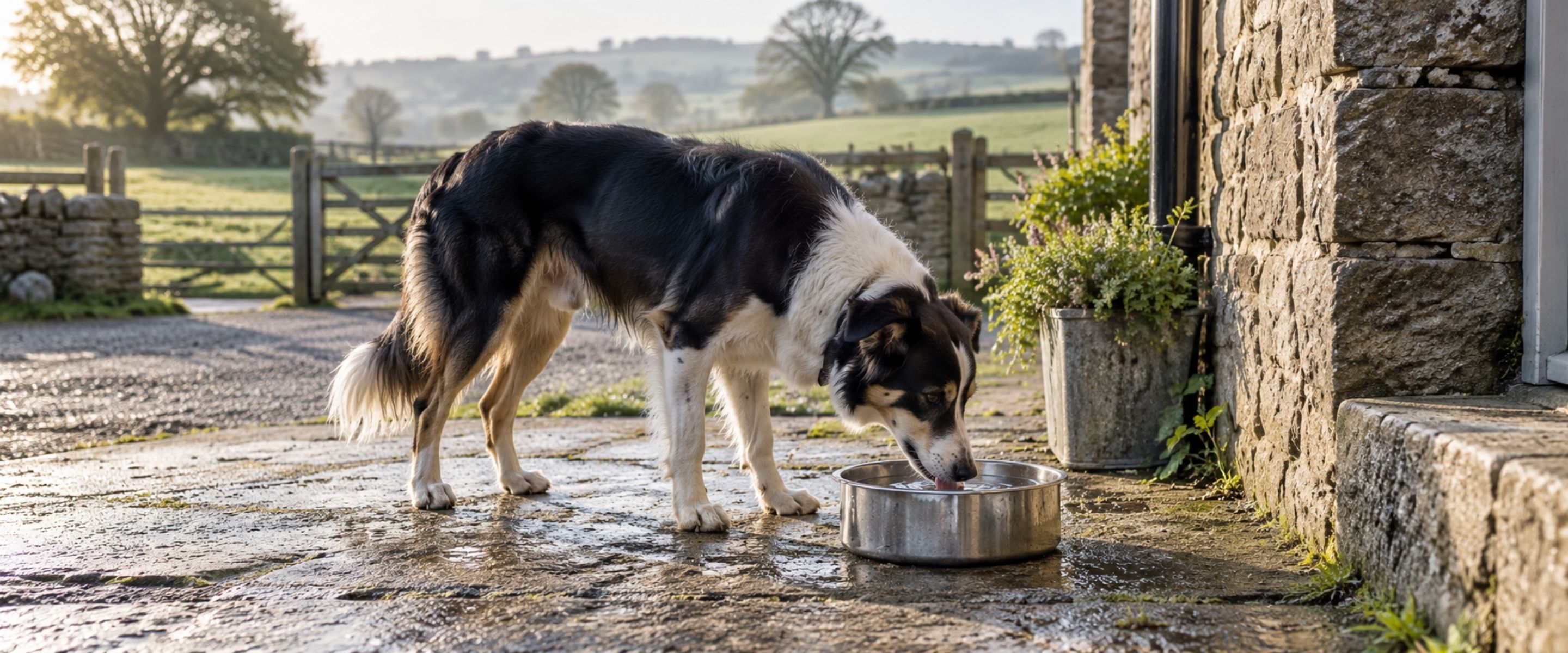 A dog drinking from a metal water bowl on a stone farmyard in early morning light.