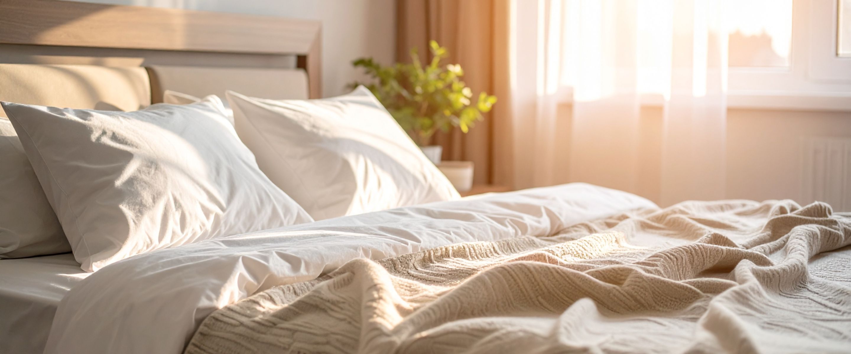 An unmade bed with white pillows and a cream blanket in warm early light from a curtained window.