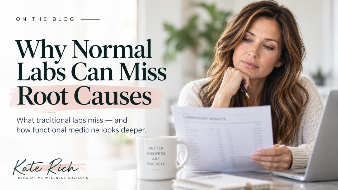 Woman reviewing normal blood work despite fatigue and brain fog, illustrating Kate Rich's functional health approach.