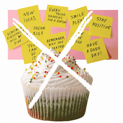 animated gif of a squiggly X superimposed over a cupcake in front of a pink wall full of affirmations on yellow sticky notes