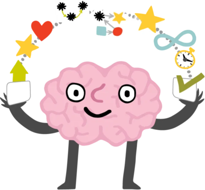 Befriend Your Brain workshop by Brandy Agerbeck — friendly brain mascot with 9 executive function icons — for adult ADHD, executive dysfunction, emotional regulation, and task initiation