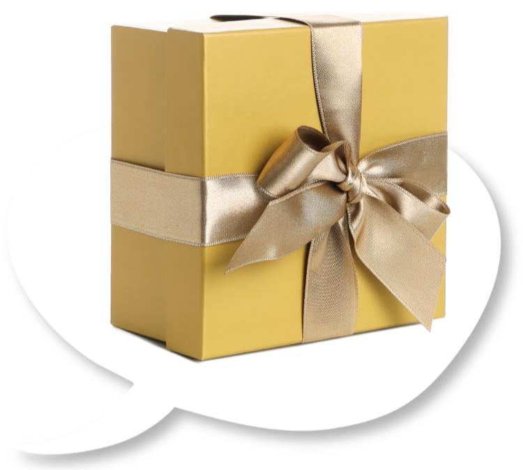 Gold, wrapped present coming out of a speech bubble, representing engaging presentation design that audiences treasure