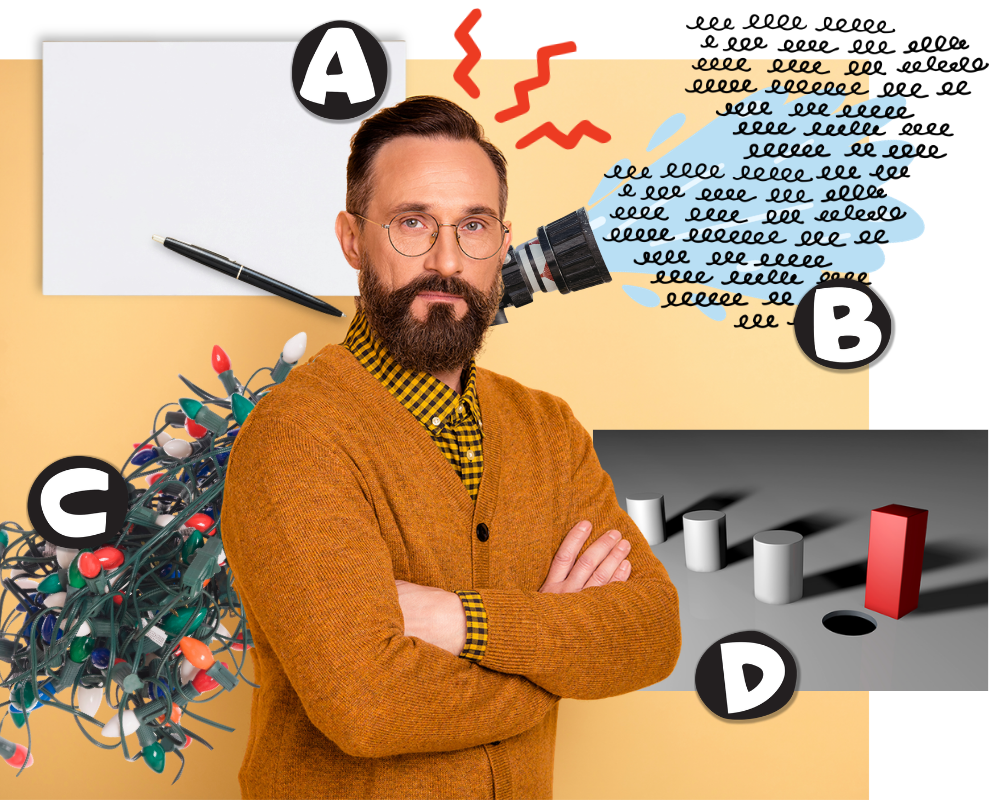 Bearded man with arms crossed, surrounded by four common writer and speaker struggles: fear of the blank page, too much detail and information overwhelm, disorganized writing, and forcing your message into an old template or presentation deck