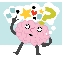 cartoon brain standing confidently with big thinking bubble full of different, colorful shapes