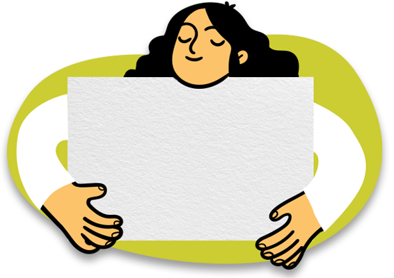 Cartoon of a woman with long black hair, wearing a white shirt, hugs a blank, white sheet of paper. This is Stevie, the mascot for the Life Shapers guided exercises