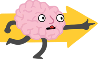 A cartoon brain running and pointing to the right in front of a thick, yellow arrow to represent task initiation.