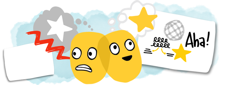 Two yellow cartoon faces showing the transformation from confused and overwhelmed to a clear aha moment &mdash; the result of learning structured visual thinking techniques