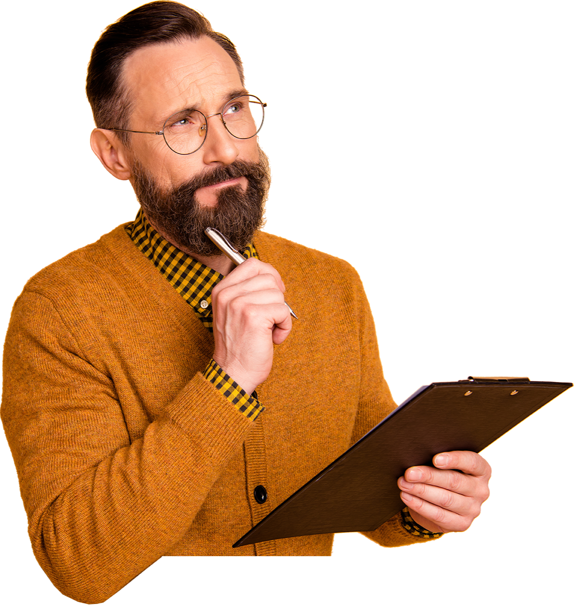 Writer thoughtfully looking up at 3 key benefits of visual thinking: Get clear, get it out, and make your message stick