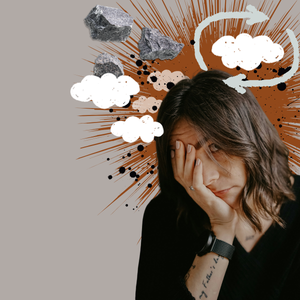 Woman with her head in her hand, storm clouds and scribbled arrows bursting from her head — the overwhelm of a crowded brain.