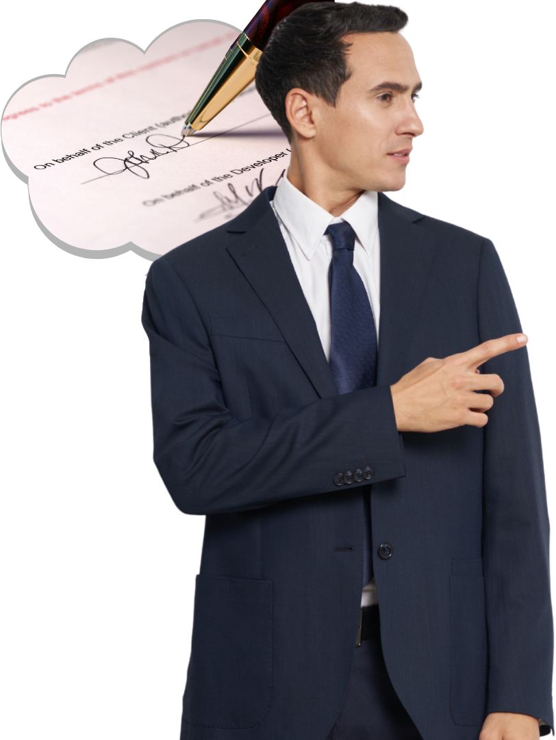 Young man in suit pointing towards HR woman, above his head a thought bubble imagining signing a contract