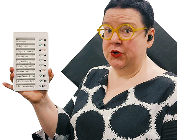 Brandy holding a plastic chore checklist to overcome procrastination