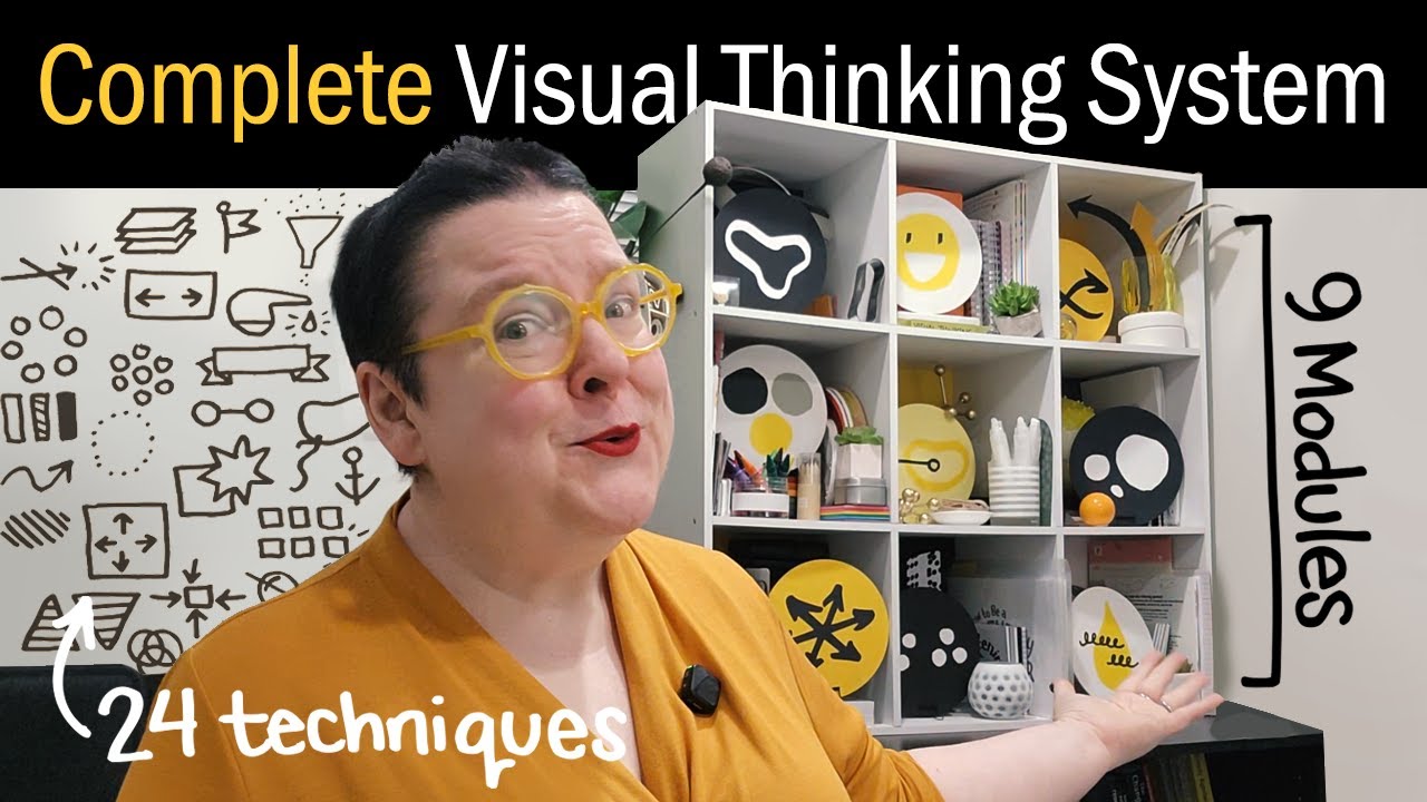 Brandy Agerbeck, visual thinking expert, presenting her complete visual notetaking system standing next to the 3x3 bookcase that mirrors the online course structure