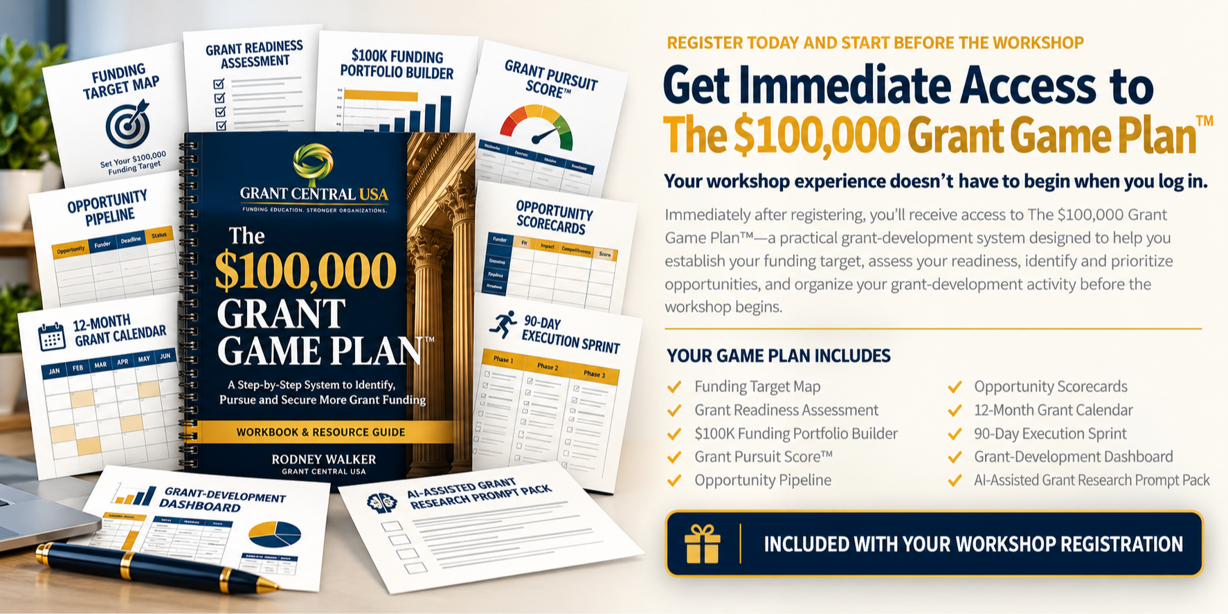 The $100,000 Grant Game Plan workbook and grant-development resources included with Grant Central USA workshop registration.