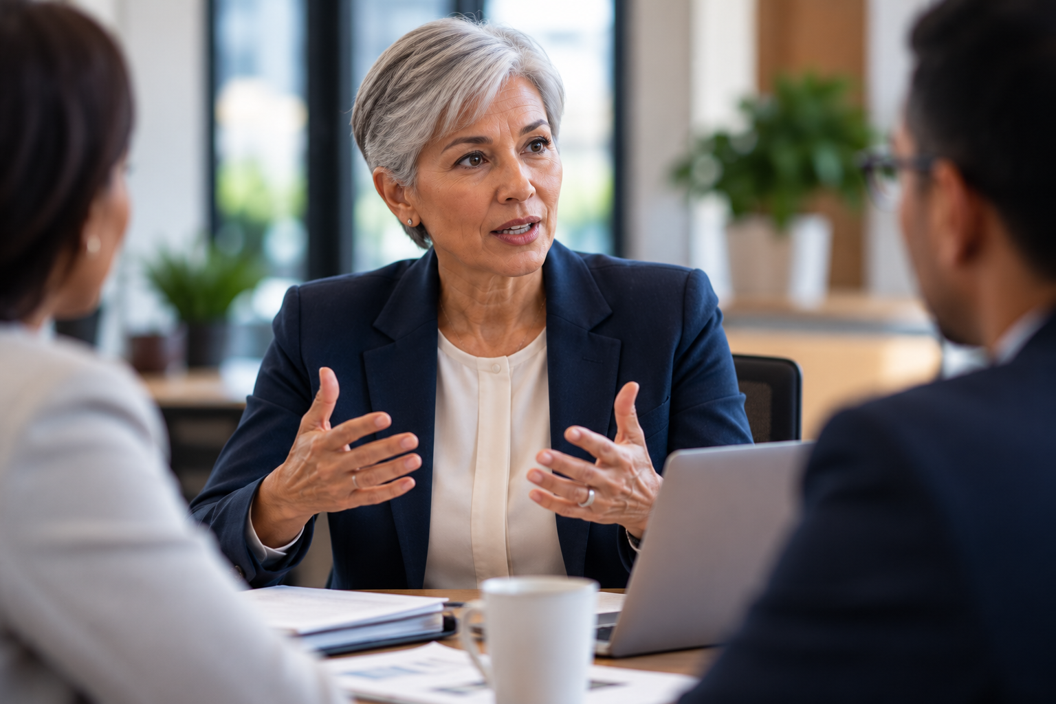Institutional leader discussing grant-development strategy with colleagues