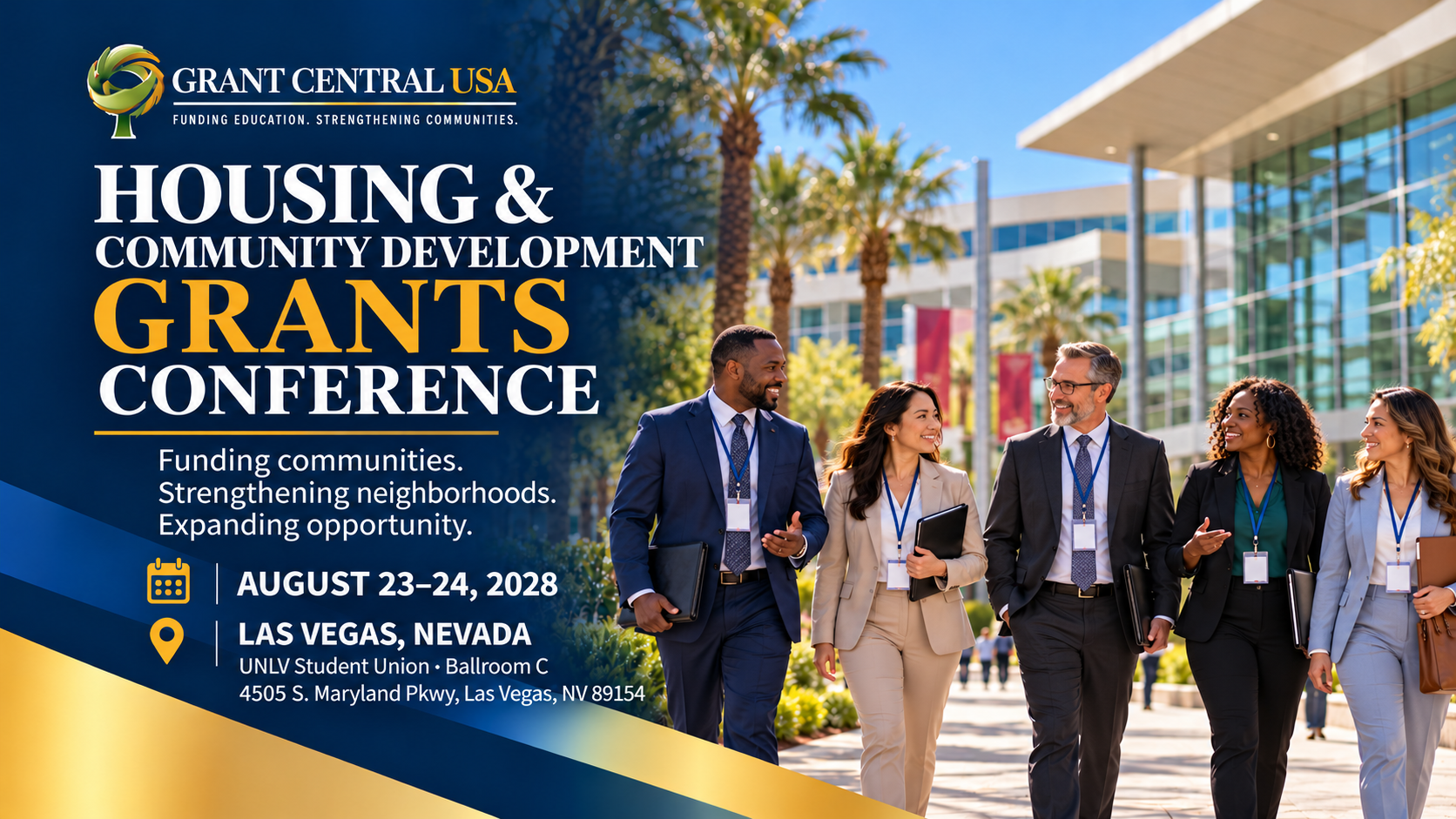 Housing & Community Development Grants Conference, August 23–24, 2028, at UNLV Student Union, Ballroom C, Las Vegas, featuring housing and community development professionals.