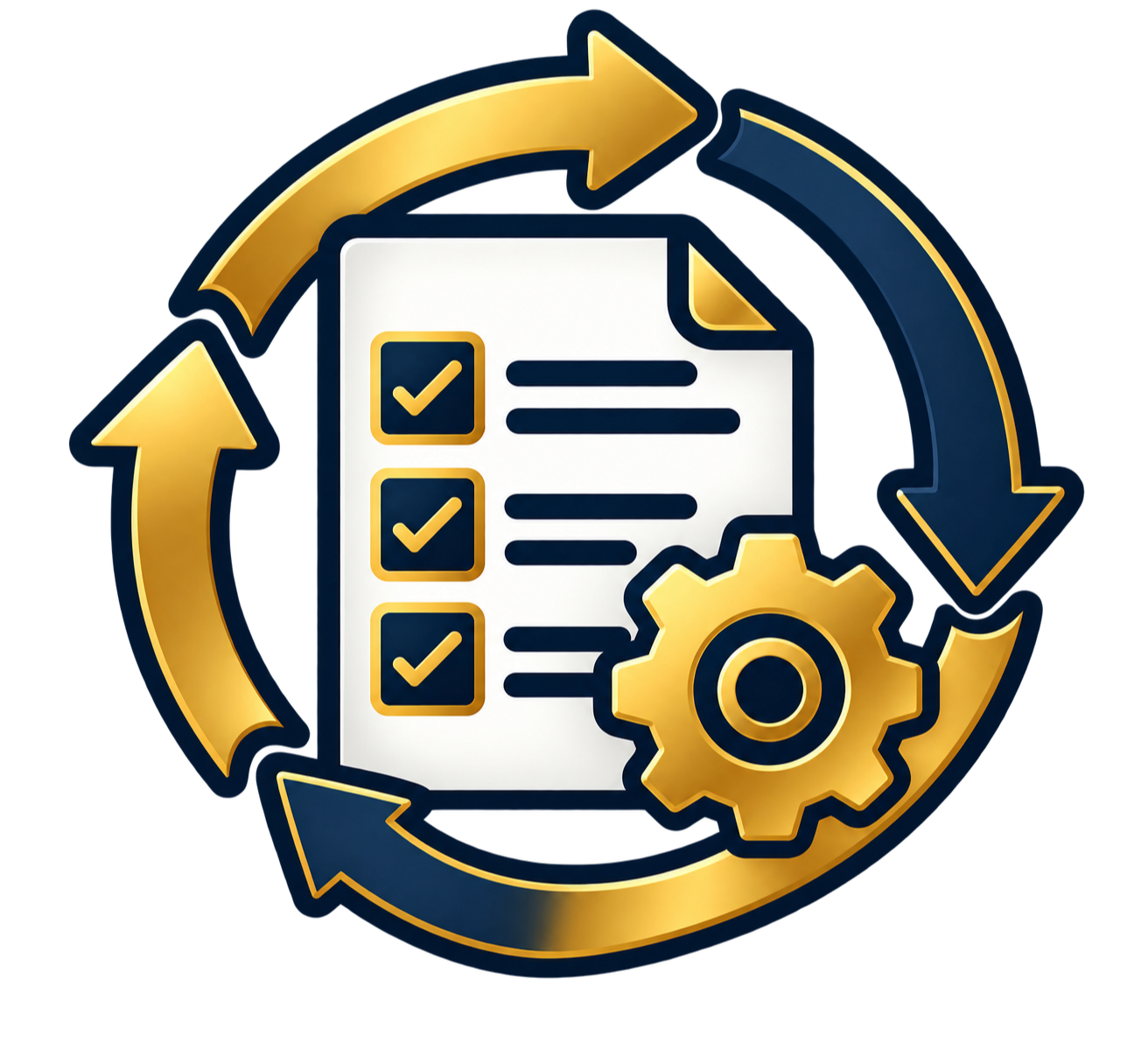 Checklist, gear and circular arrows representing a repeatable grant development process.