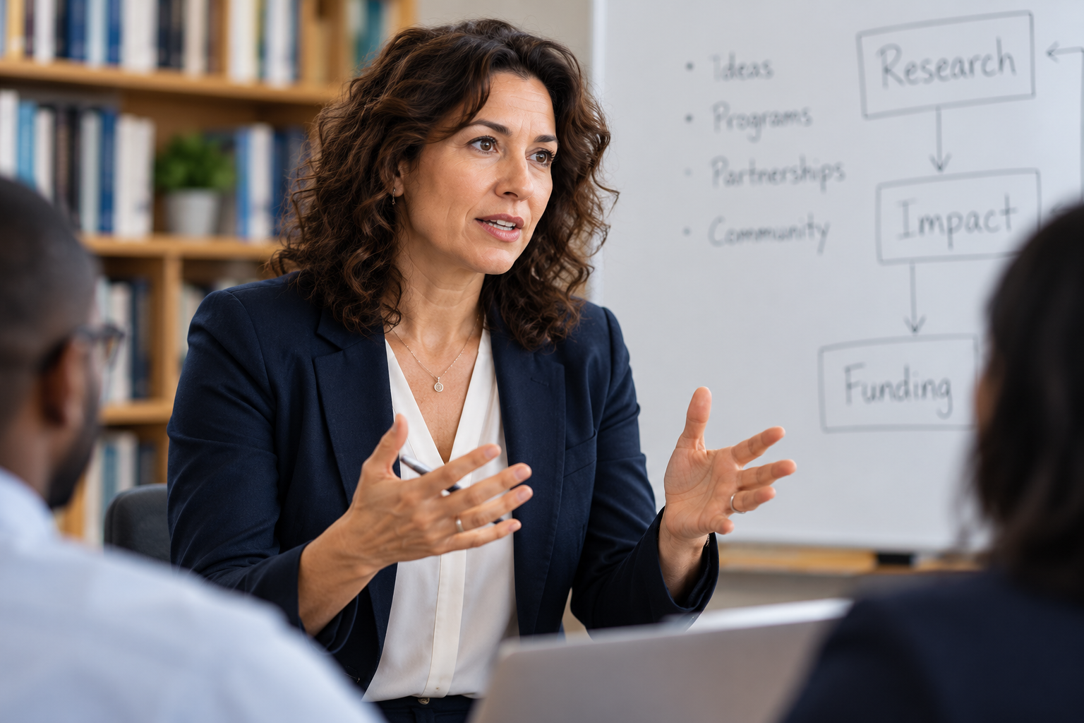 Faculty and program leader discussing funding strategy during a training session