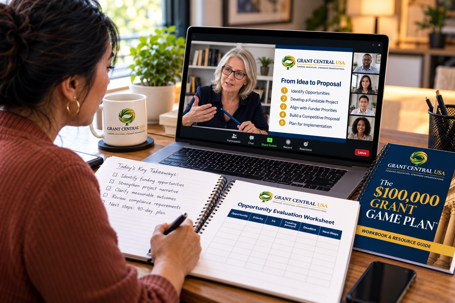 Participant working through grant-development exercises during a live online Grant Central USA workshop led by an experienced instructor.