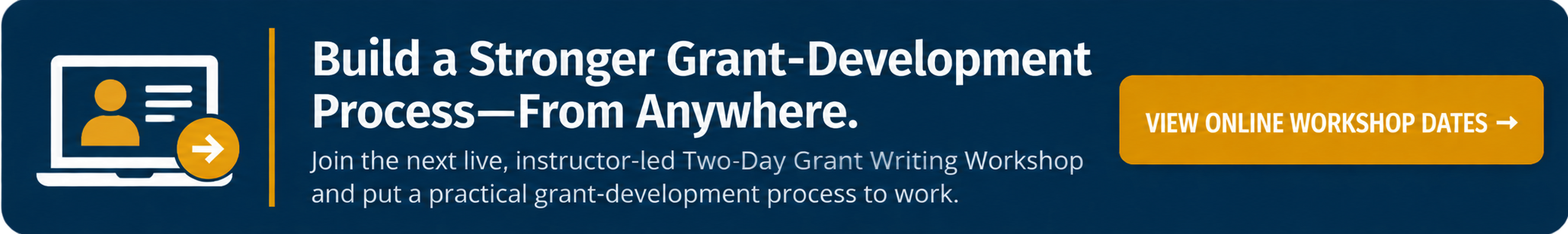 Grant Central USA live online Two-Day Grant Writing Workshop banner inviting participants to build a stronger grant-development process from anywhere and view upcoming online workshop dates.