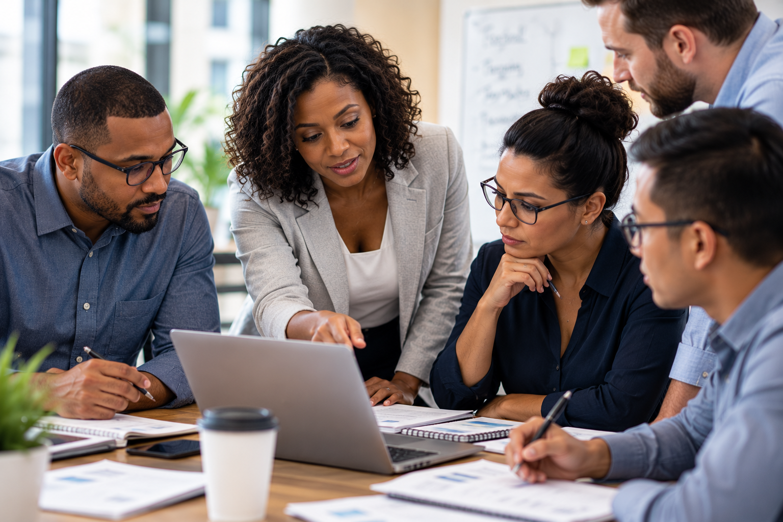 Cross-functional team collaborating on organizational funding priorities