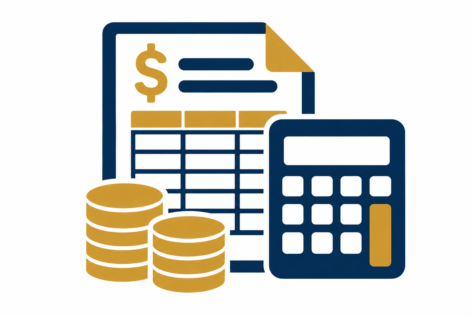 Budget worksheet, calculator and coins icon representing the development of a grant project budget and supporting financial information.