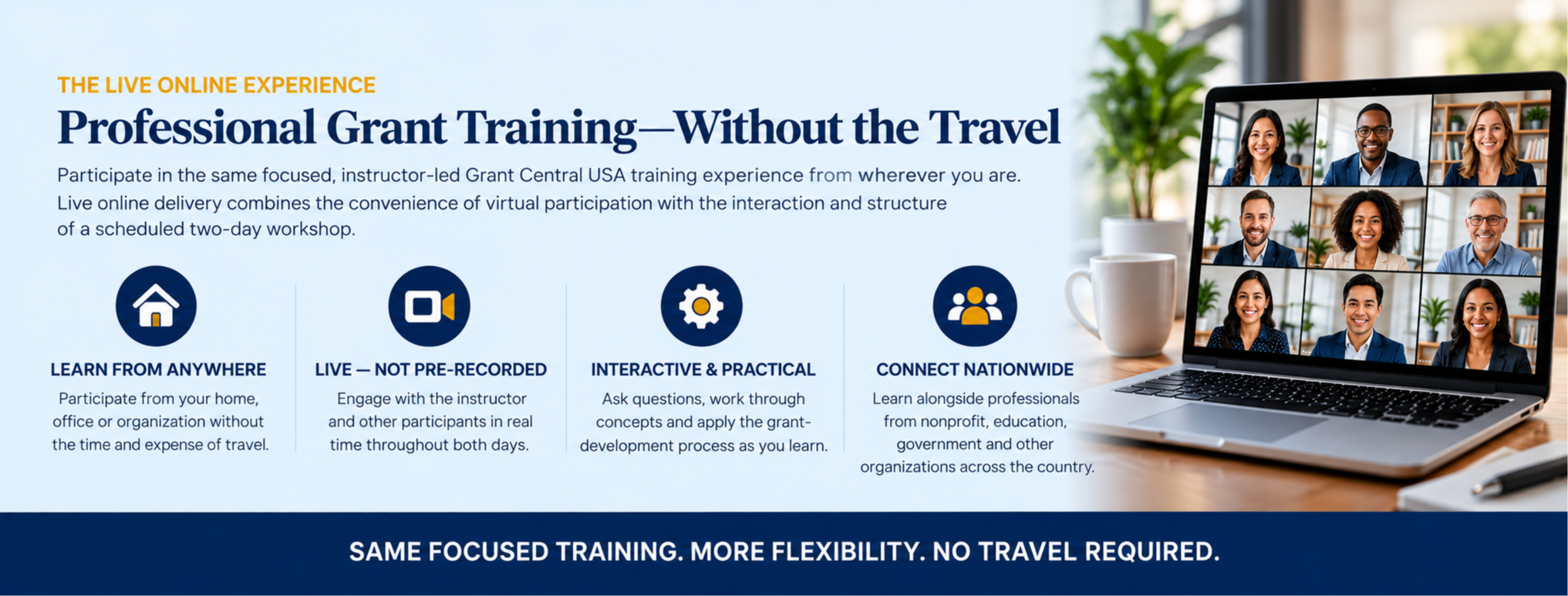  Grant Central USA live online grant training experience featuring four interactive learning benefits and a diverse group of professionals participating in a live video conference.