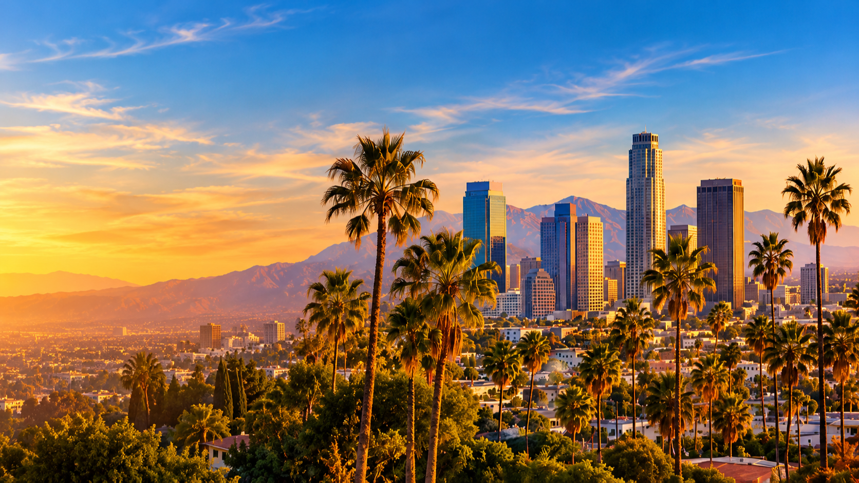 Los Angeles skyline and palm trees at sunset