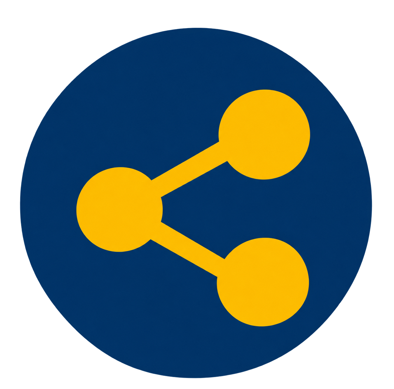 Gold connected-network icon on a navy circle representing professional networking, collaboration and relationship building.
