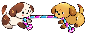 Two playful puppies tugging a striped rope
