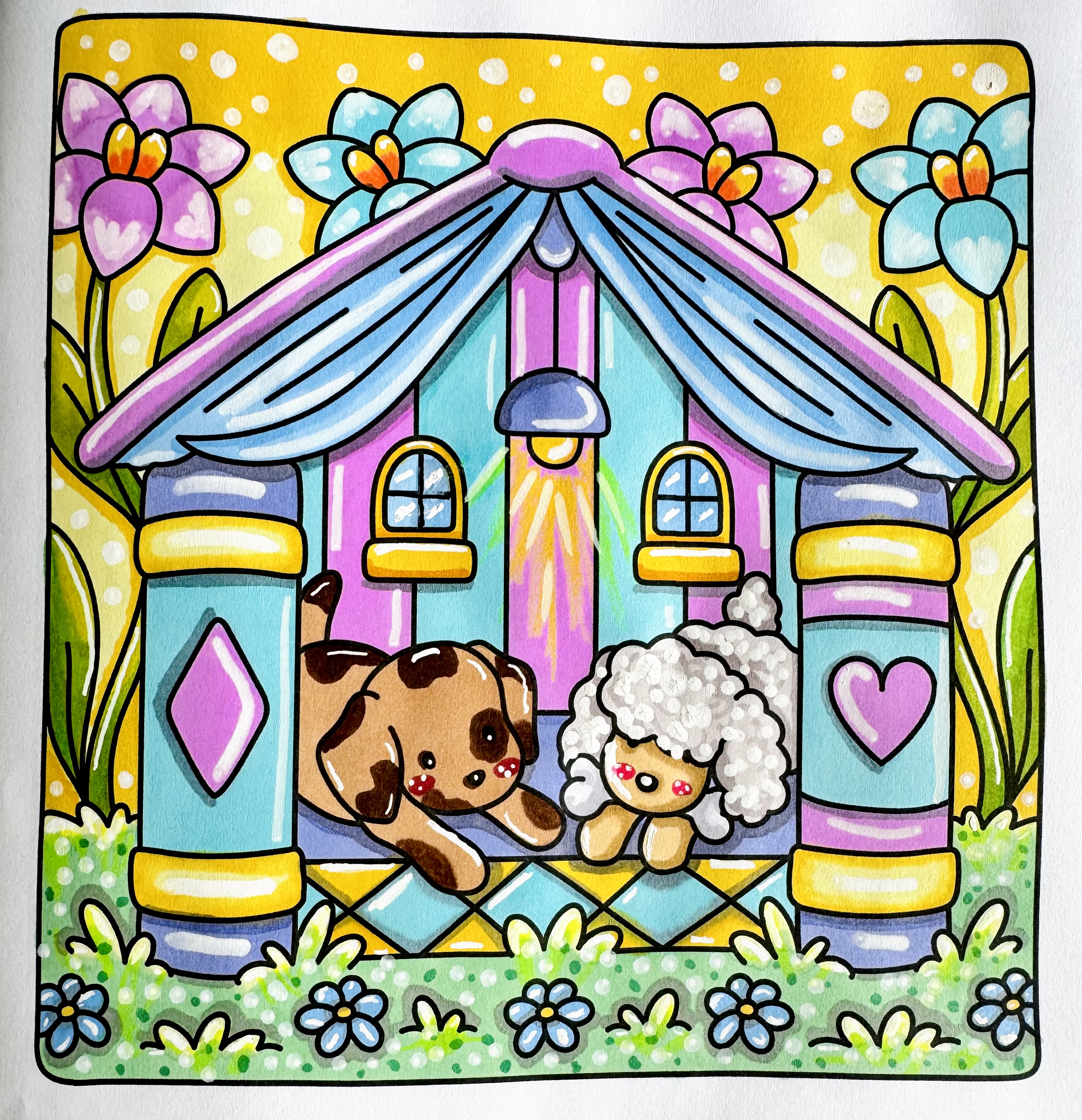 A finished Comfy Puppies page colored in bright cheerful colors