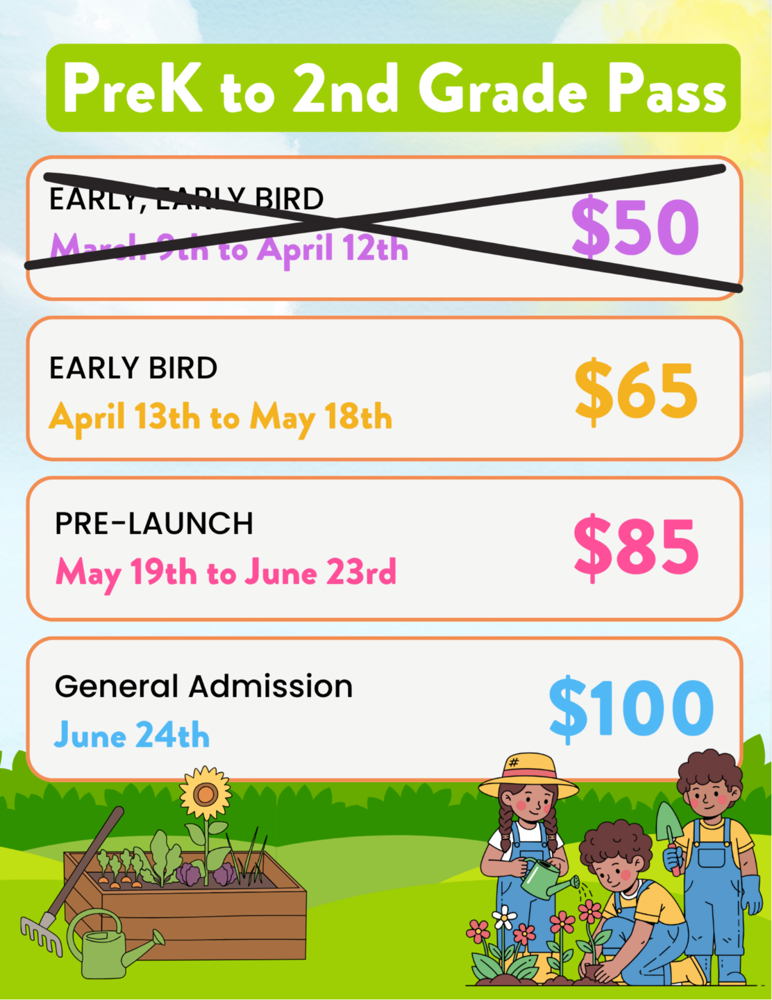 Pricing Tiers Early, Early Bird $50 September 7th - October 14th Early Bird $65 October 15th - November 14th Pre-Launch $85 November 15th - January 20th General Admission $100 January 21st - January 31st