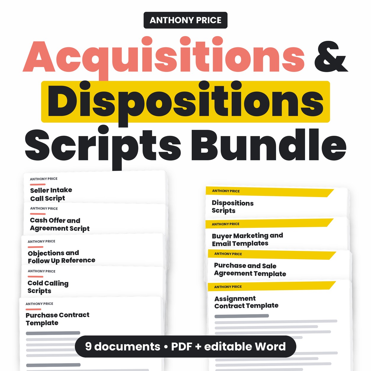 Acquisitions & Dispositions Scripts Bundle package preview showing nine document covers. Paid text is hidden.
