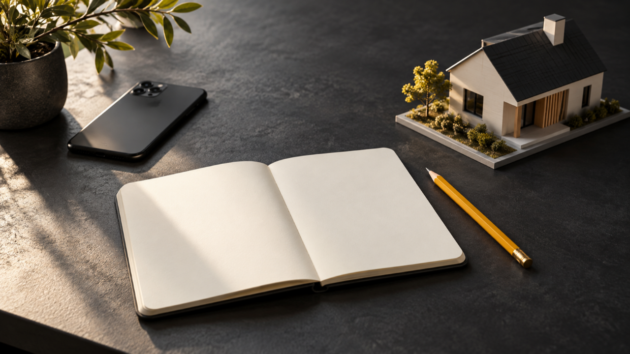 Illustration of a phone, blank notebook and house model on a charcoal desk with a yellow pencil.