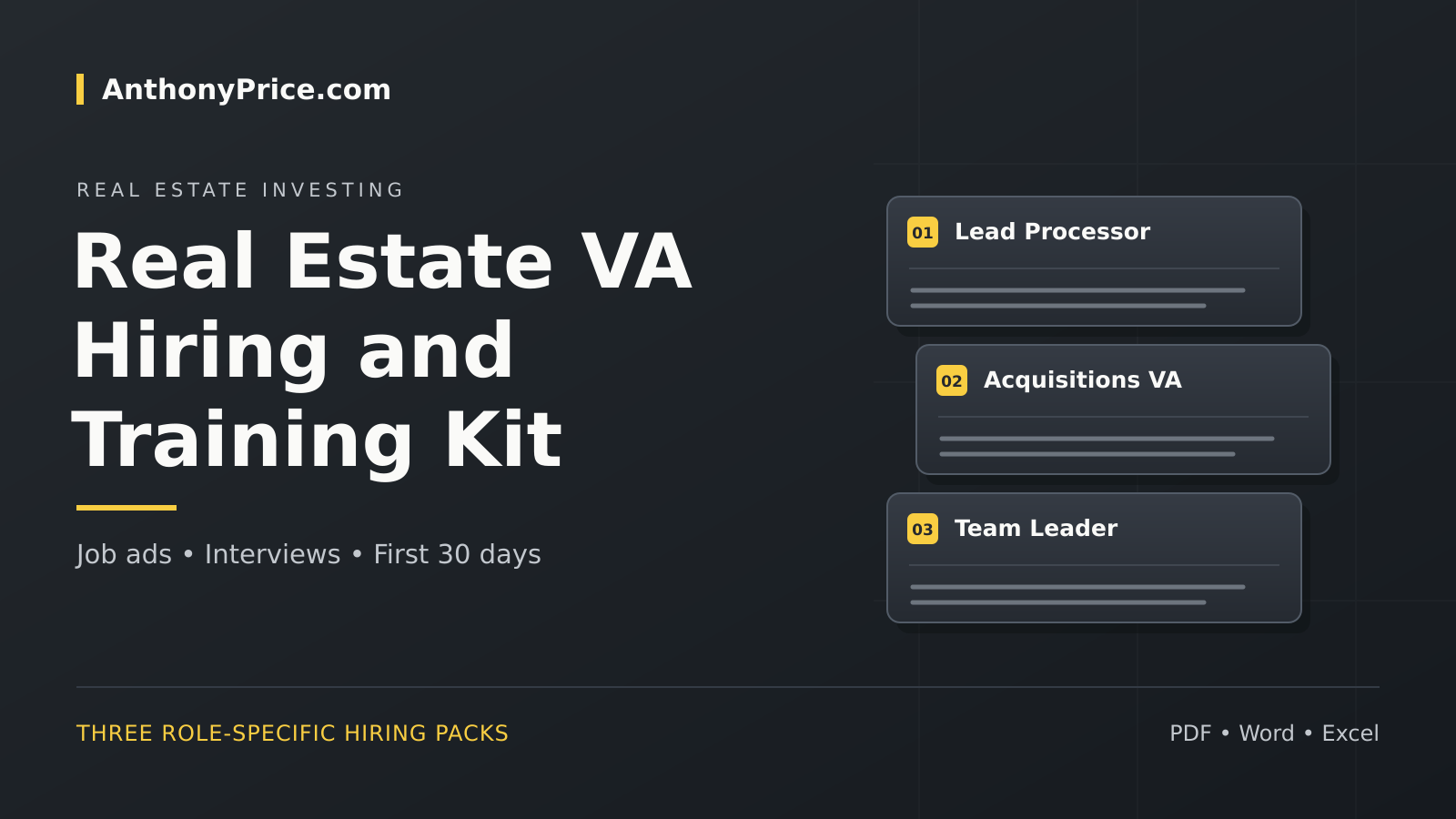Real Estate VA Hiring and Training Kit cover: job ads, interviews and first 30 days, PDF, Word and Excel
