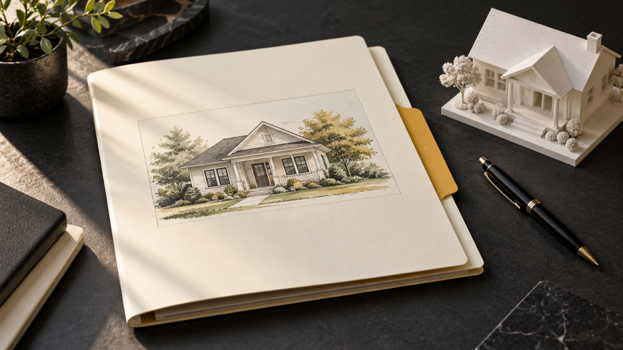 Illustration of a property presentation folder, house model and black pen with a yellow folder tab.
