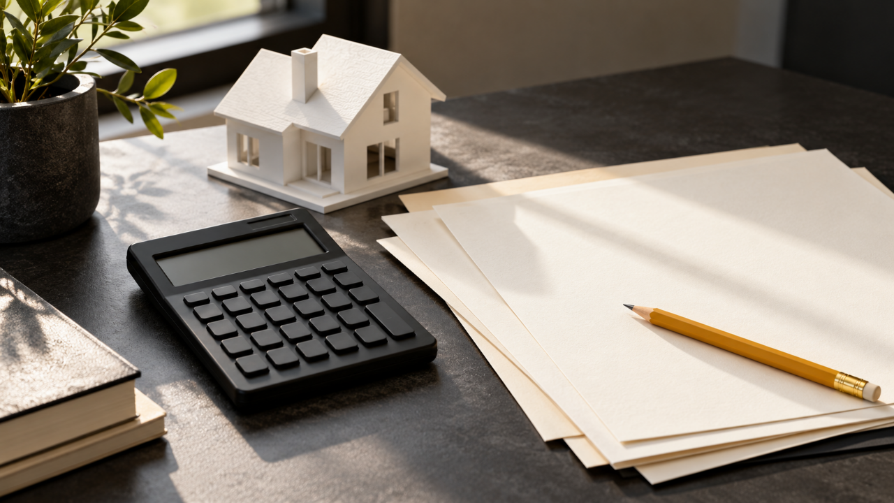 Illustration of a calculator, blank worksheets and house model on a charcoal desk with a yellow pencil.