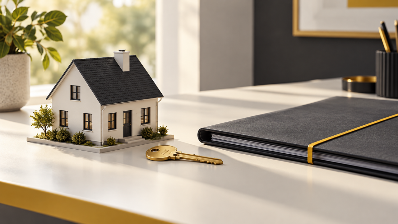 Illustration of a house model, brass key and charcoal folder on an ivory desk.