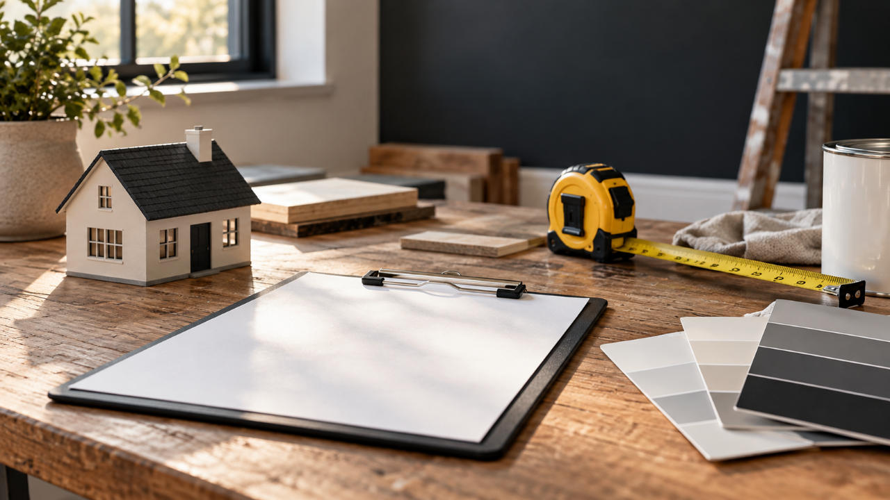 Illustration of a house model, tape measure, blank clipboard and paint swatches on a workbench.