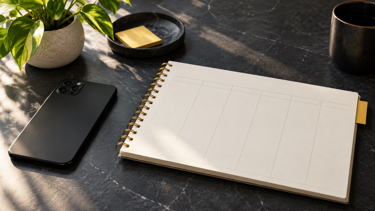 Illustration of a phone beside a blank planner with a yellow tab on a charcoal desk.