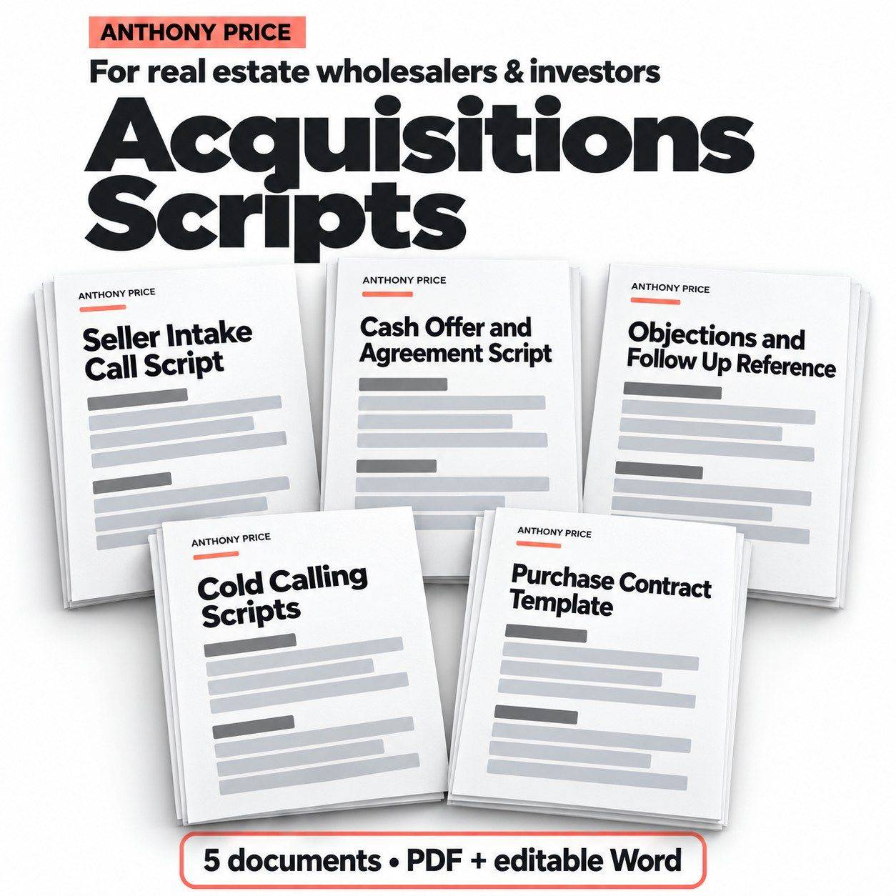 Acquisitions Scripts package preview showing five document covers. Paid text is hidden.