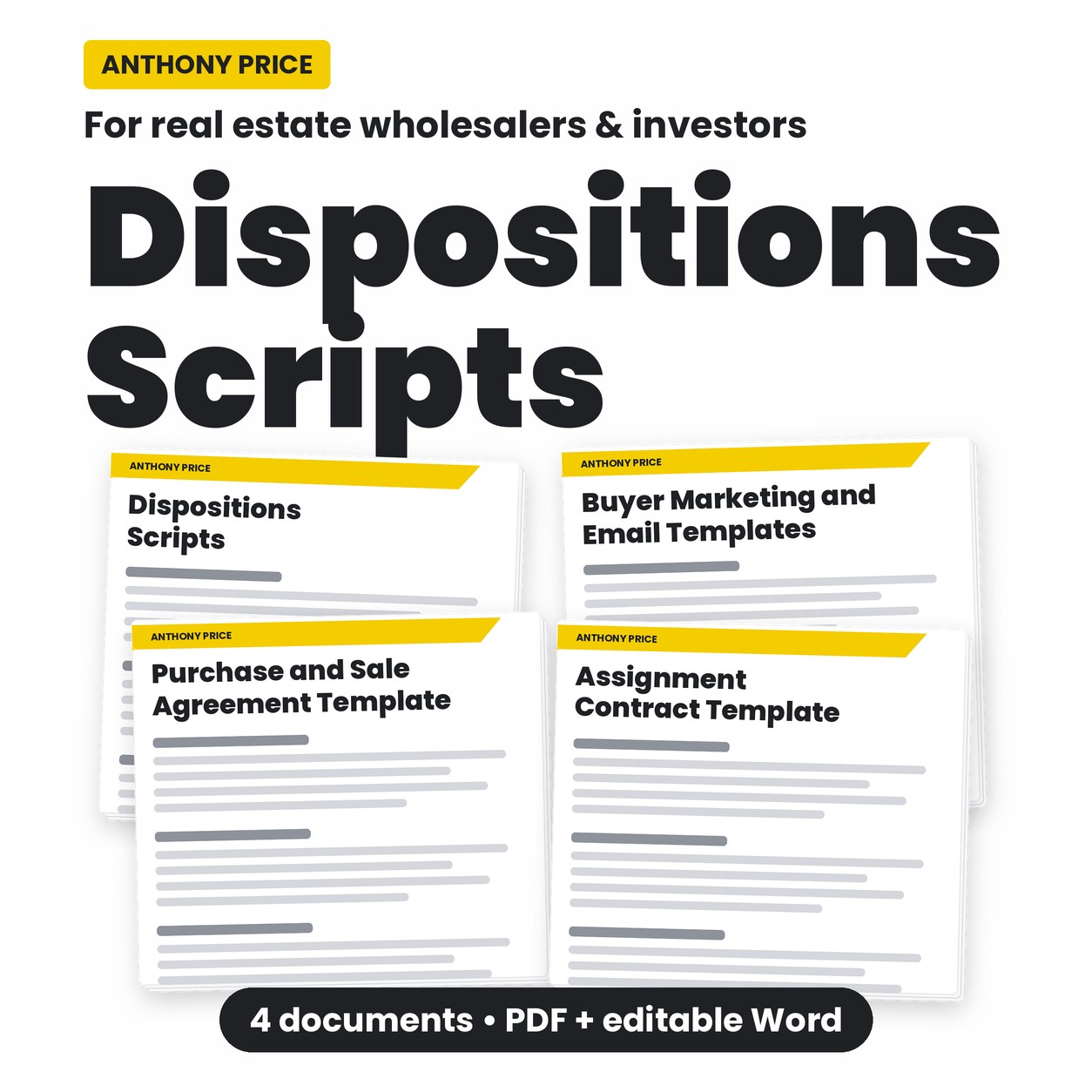 Dispositions Scripts package preview showing four document covers. Paid text is hidden.
