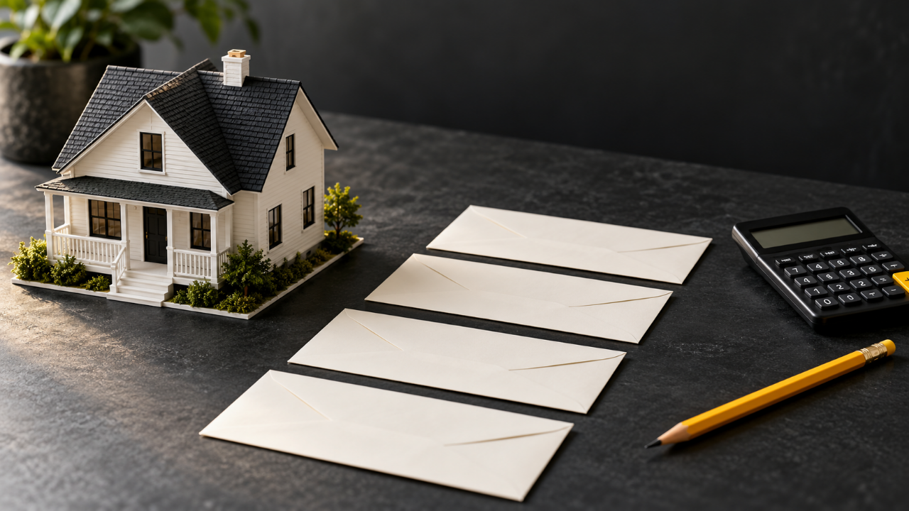 Illustration of a house model, blank envelopes, calculator and yellow pencil for planning rental costs.