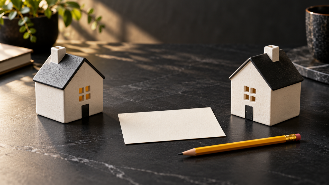 Illustration of two house models with a blank note card and yellow pencil on a charcoal desk.