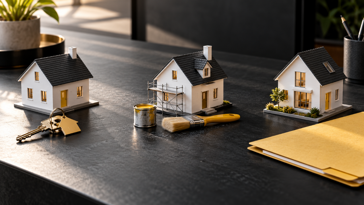 Illustration of three house models with keys, renovation tools and a yellow folder.
