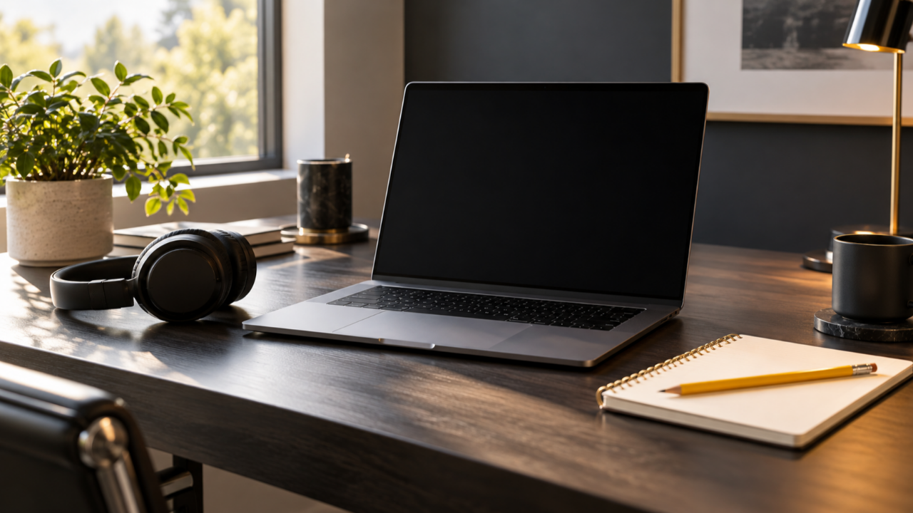 Illustration of a laptop, headset and blank notebook with a yellow pencil on a tidy desk.