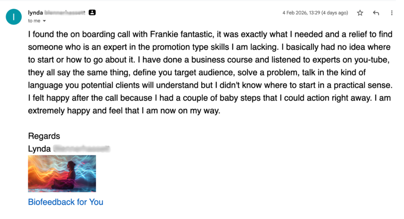 Email testimonial from Lynda - Bio Feedback