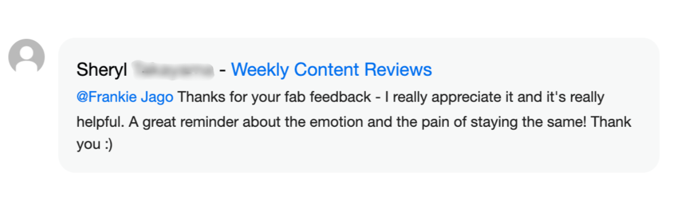 Screenshot of comment inside the Ease & Impact Community from Sheryl